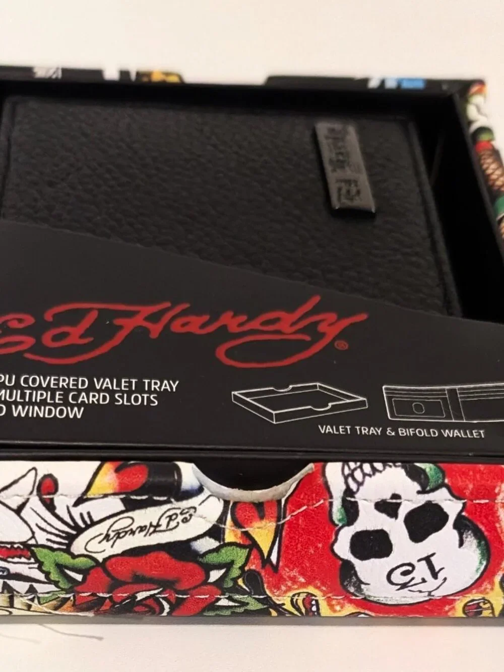 Ed Hardy Mens Black PU Leather Bifold Wallet & Tattoo Art Valet Tray Gift New